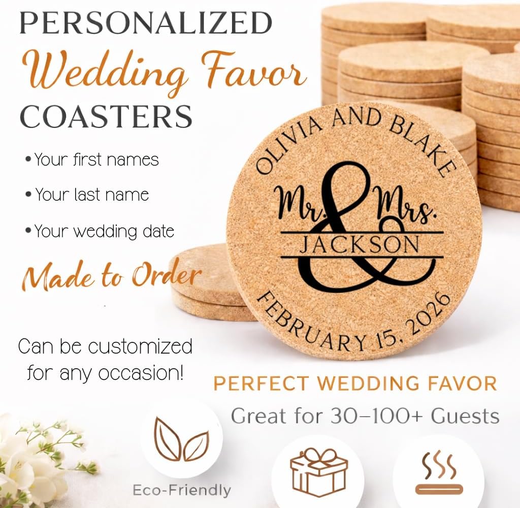 Personalized Mr & Mrs Wedding Cork Coasters | Custom Engraved Last Name Wedding Favor (Sets of 30–100)