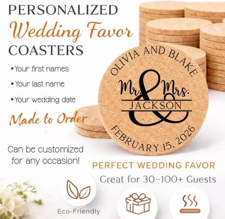 Personalized Mr & Mrs Wedding Cork Coasters | Custom Engraved Last Name Wedding Favor (Sets of 30–100)
