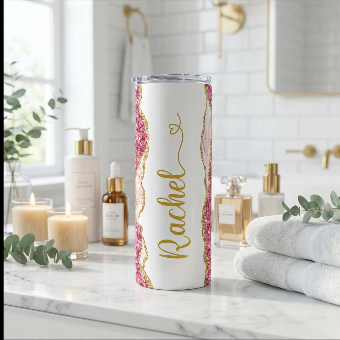 Pink Glitter Marble Personalized Name Tumbler with Gold Accents | 20oz Skinny Stainless Steel Travel Cup