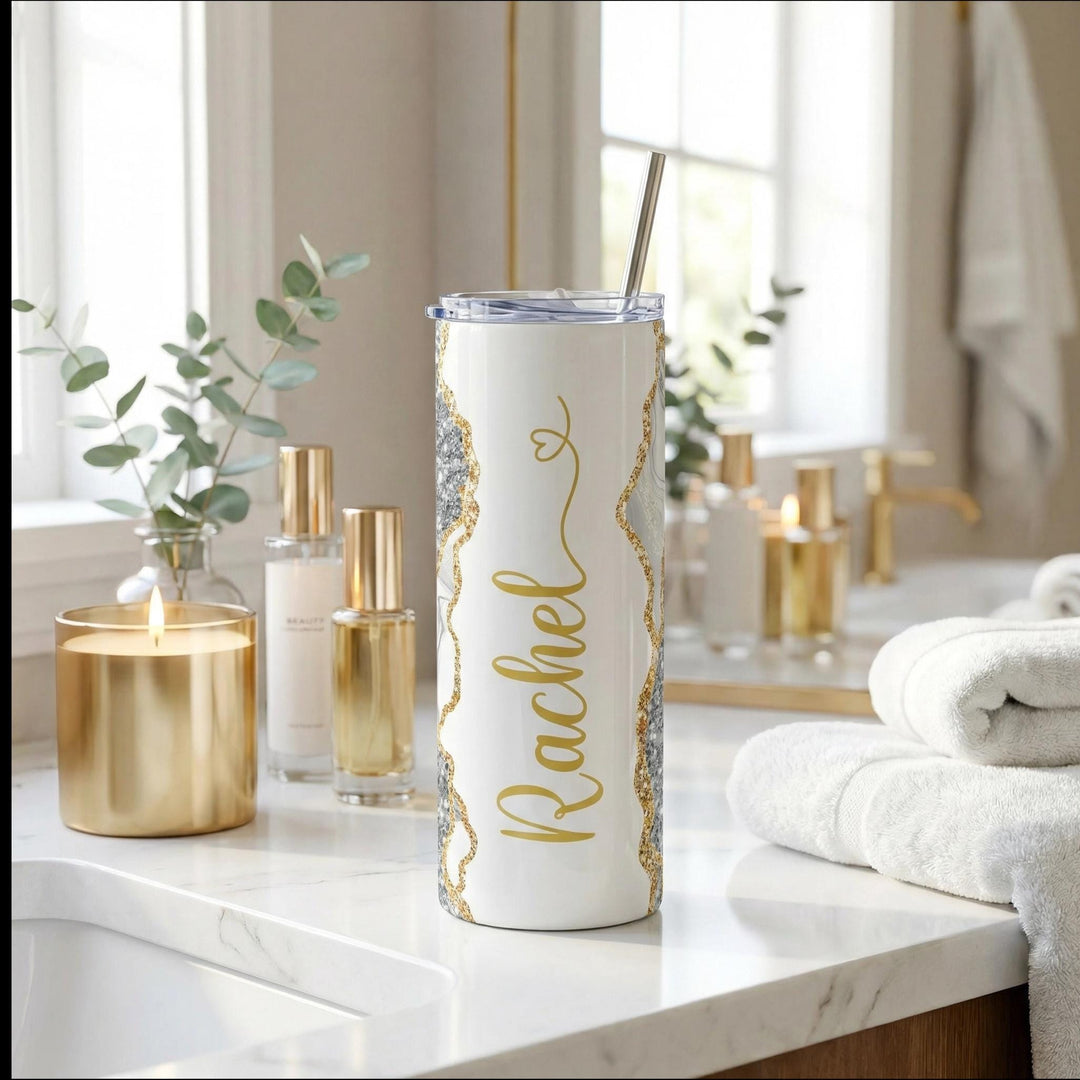 Gray Glitter Marble Personalized Name Tumbler with Gold Accents | 20oz Skinny Stainless Steel Travel Cup
