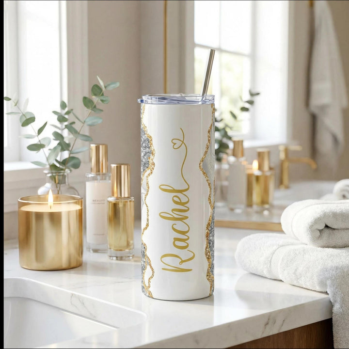 Gray Glitter Marble Personalized Name Tumbler with Gold Accents | 20oz Skinny Stainless Steel Travel Cup