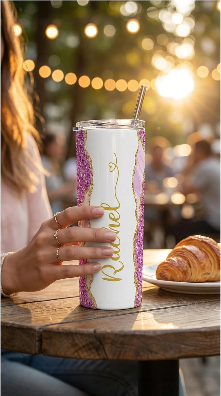 Violet Glitter Marble Personalized Name Tumbler with Gold Accents | 20oz Skinny Stainless Steel Travel Cup