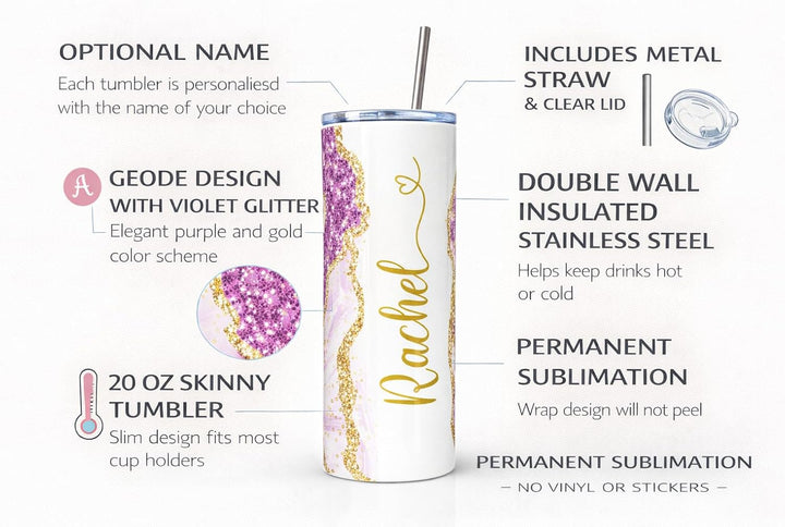 Violet Glitter Marble Personalized Name Tumbler with Gold Accents | 20oz Skinny Stainless Steel Travel Cup