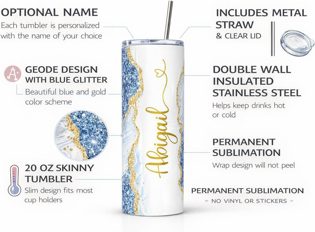 Blue Glitter Marble Personalized Name Tumbler with Gold Accents | 20oz Skinny Stainless Steel Travel Cup
