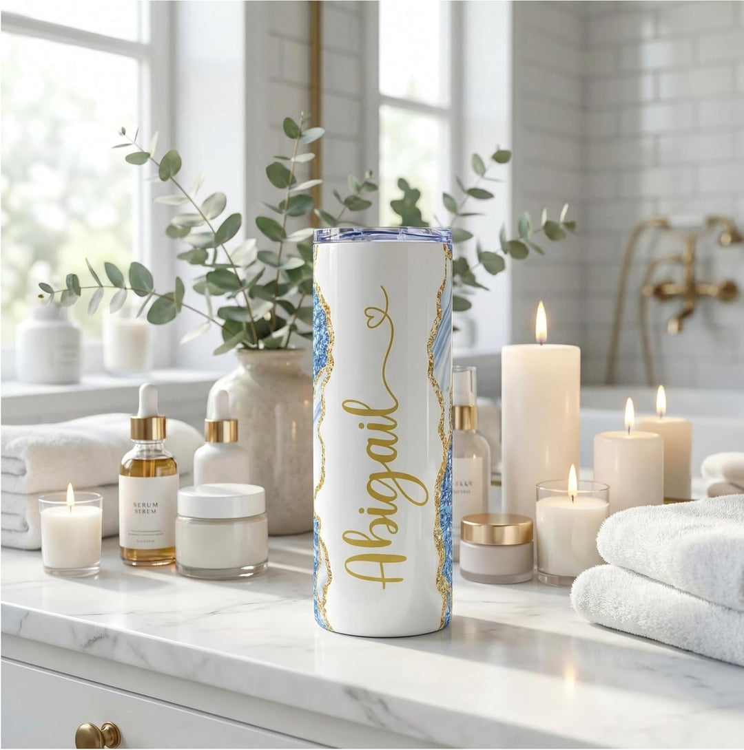 Blue Glitter Marble Personalized Name Tumbler with Gold Accents | 20oz Skinny Stainless Steel Travel Cup