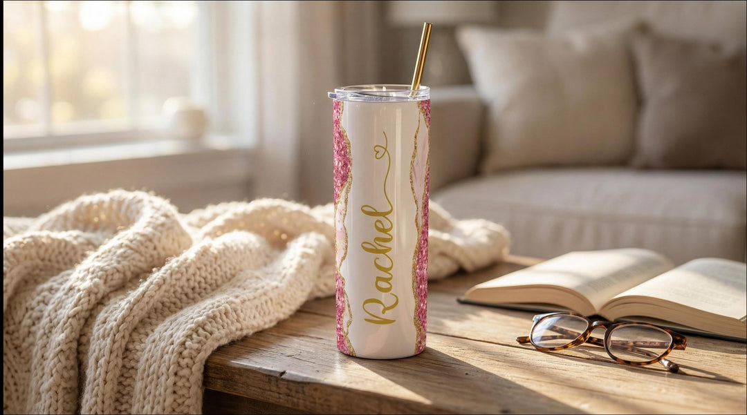 Pink Glitter Marble Personalized Name Tumbler with Gold Accents | 20oz Skinny Stainless Steel Travel Cup