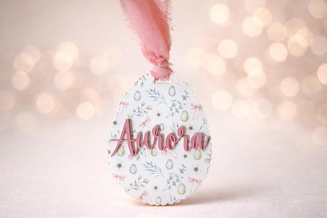 Scalloped Egg Name Tag with Custom Background & Chiffon Ribbon