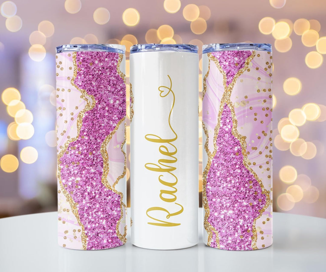 Violet Glitter Marble Personalized Name Tumbler with Gold Accents | 20oz Skinny Stainless Steel Travel Cup