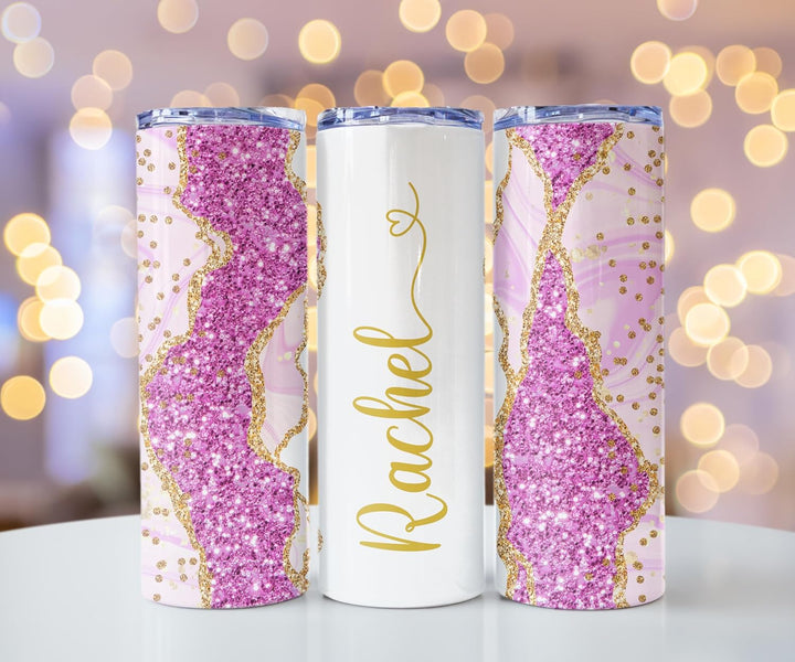 Violet Glitter Marble Personalized Name Tumbler with Gold Accents | 20oz Skinny Stainless Steel Travel Cup
