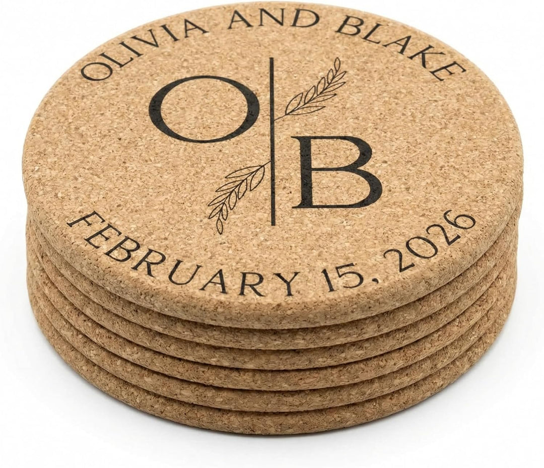 Personalized Wedding Monogram Cork Coasters | Custom Initials & Wedding Date Favors