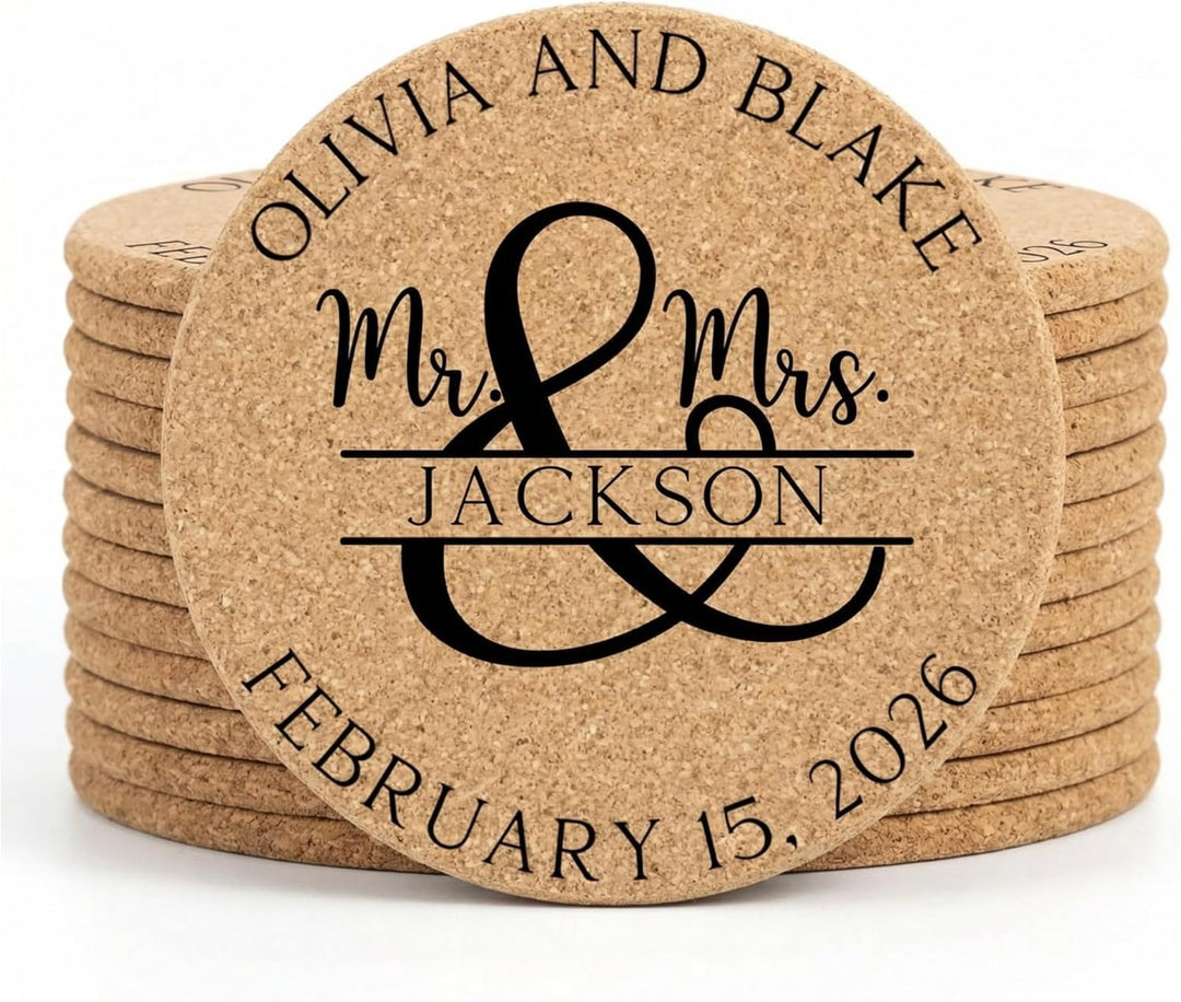 Personalized Mr & Mrs Wedding Cork Coasters | Custom Engraved Last Name Wedding Favor (Sets of 30–100)