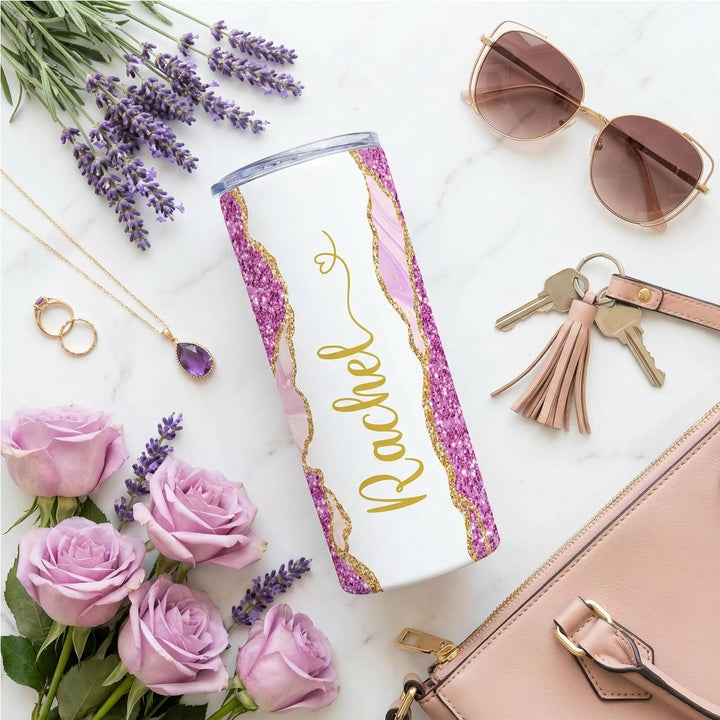 Violet Glitter Marble Personalized Name Tumbler with Gold Accents | 20oz Skinny Stainless Steel Travel Cup