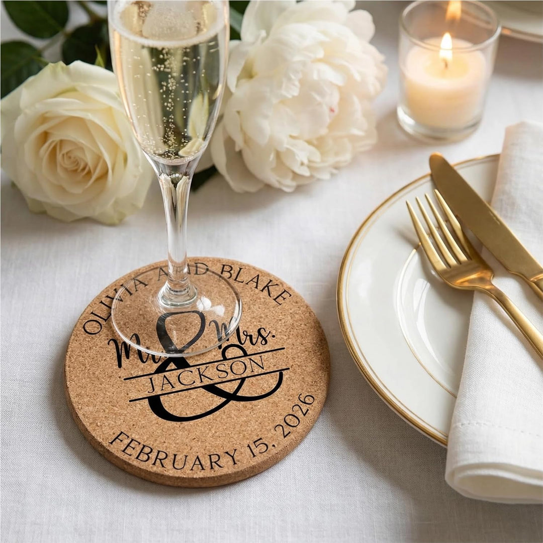 Personalized Mr & Mrs Wedding Cork Coasters | Custom Engraved Last Name Wedding Favor (Sets of 30–100)