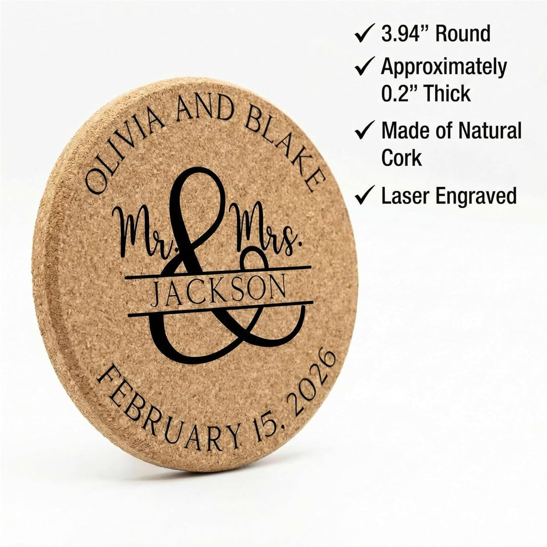 Personalized Mr & Mrs Wedding Cork Coasters | Custom Engraved Last Name Wedding Favor (Sets of 30–100)