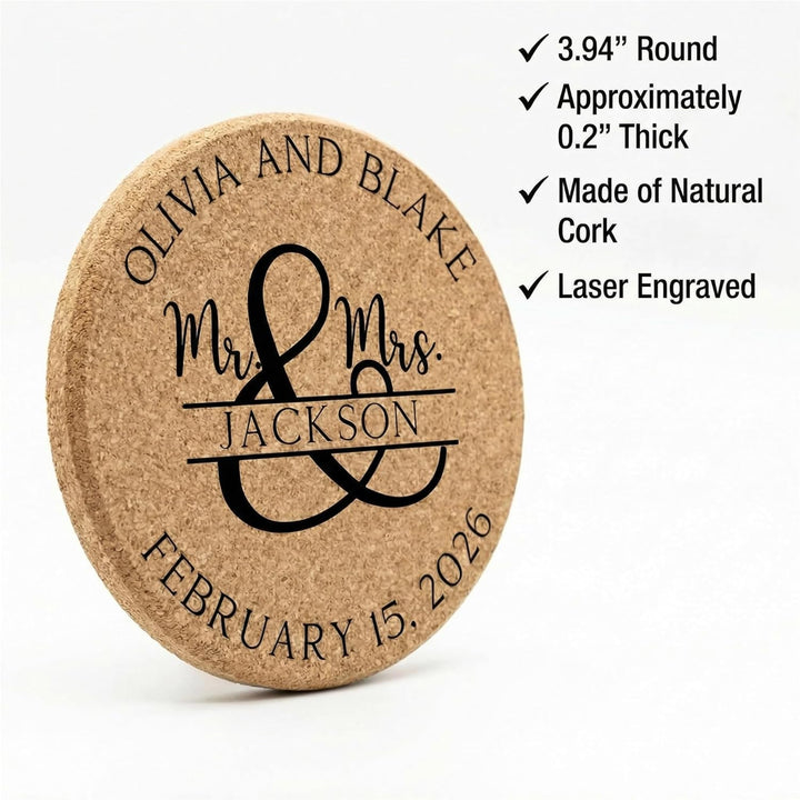 Personalized Mr & Mrs Wedding Cork Coasters | Custom Engraved Last Name Wedding Favor (Sets of 30–100)