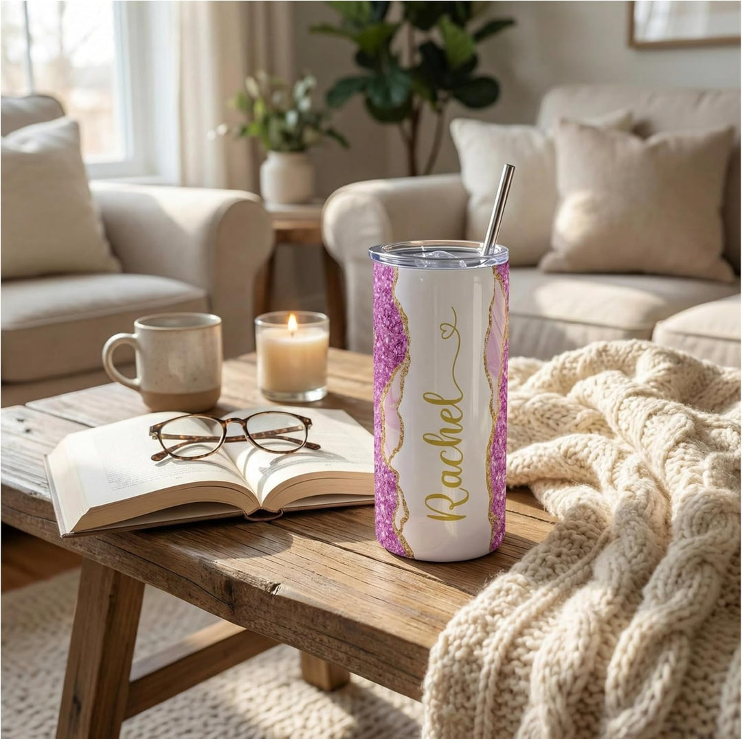 Violet Glitter Marble Personalized Name Tumbler with Gold Accents | 20oz Skinny Stainless Steel Travel Cup