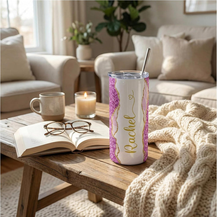 Violet Glitter Marble Personalized Name Tumbler with Gold Accents | 20oz Skinny Stainless Steel Travel Cup