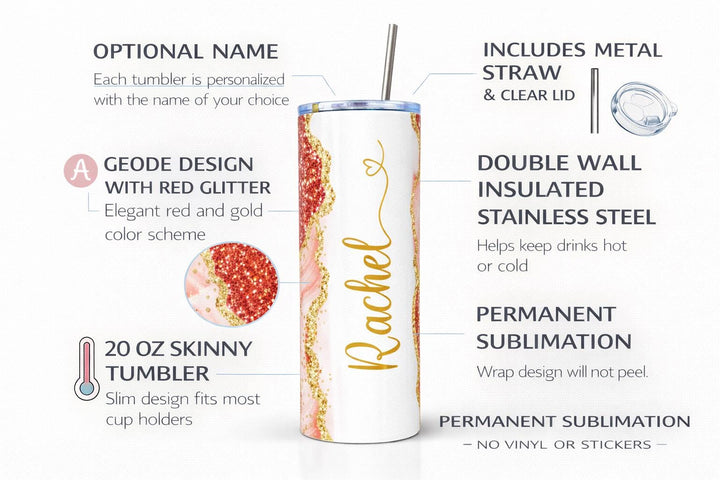 Blue Glitter Marble Personalized Name Tumbler with Gold Accents | 20oz Skinny Stainless Steel Travel Cup