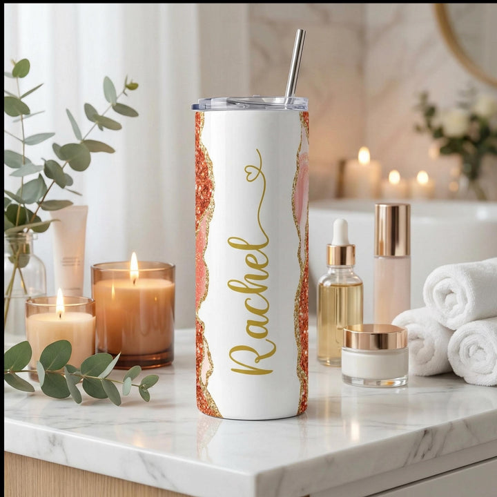 Blue Glitter Marble Personalized Name Tumbler with Gold Accents | 20oz Skinny Stainless Steel Travel Cup
