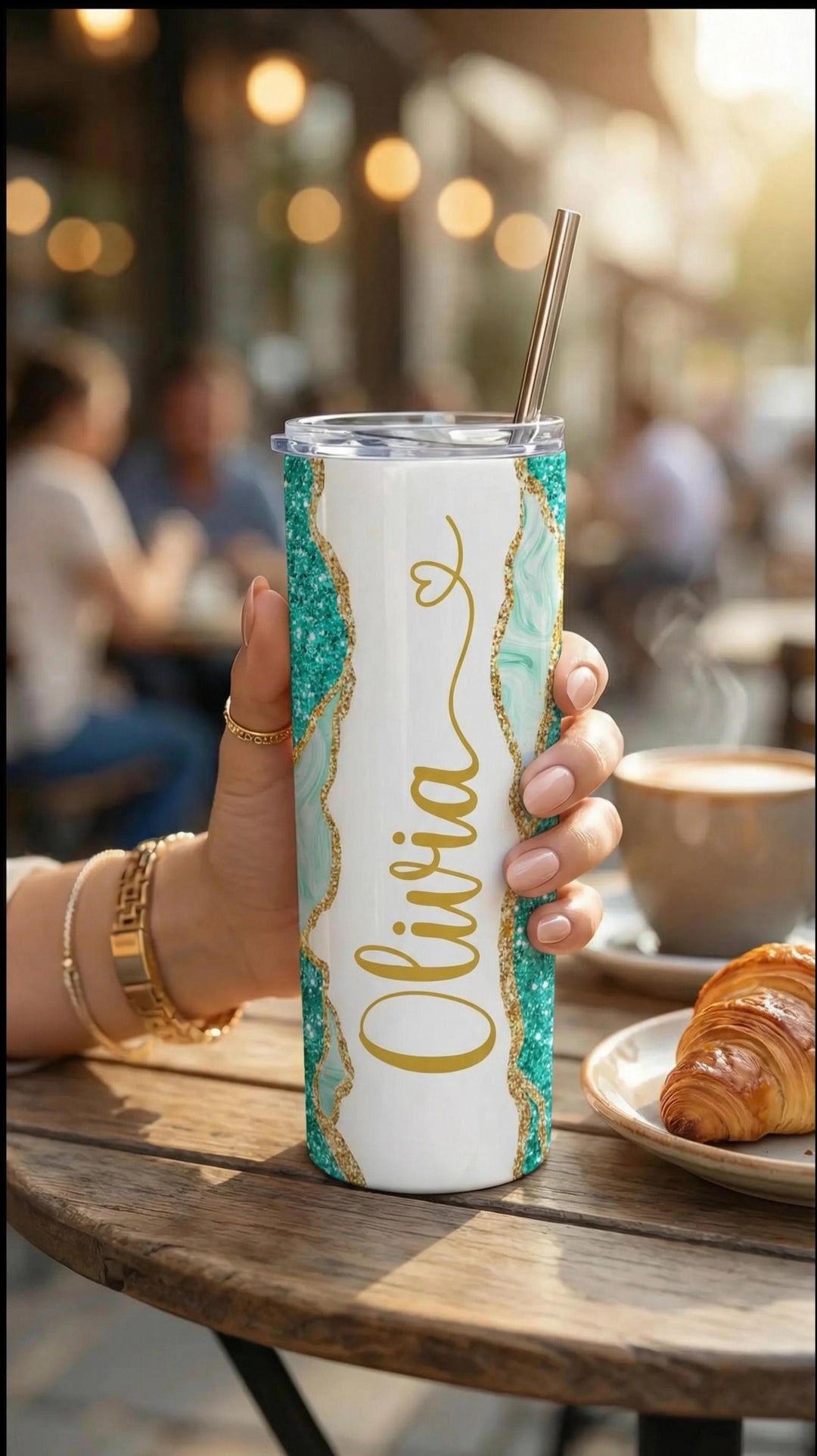 Green Glitter Marble Personalized Name Tumbler with Gold Accents | 20oz Skinny Stainless Steel Travel Cup
