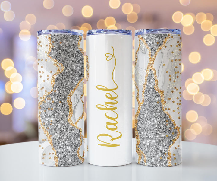 Gray Glitter Marble Personalized Name Tumbler with Gold Accents | 20oz Skinny Stainless Steel Travel Cup