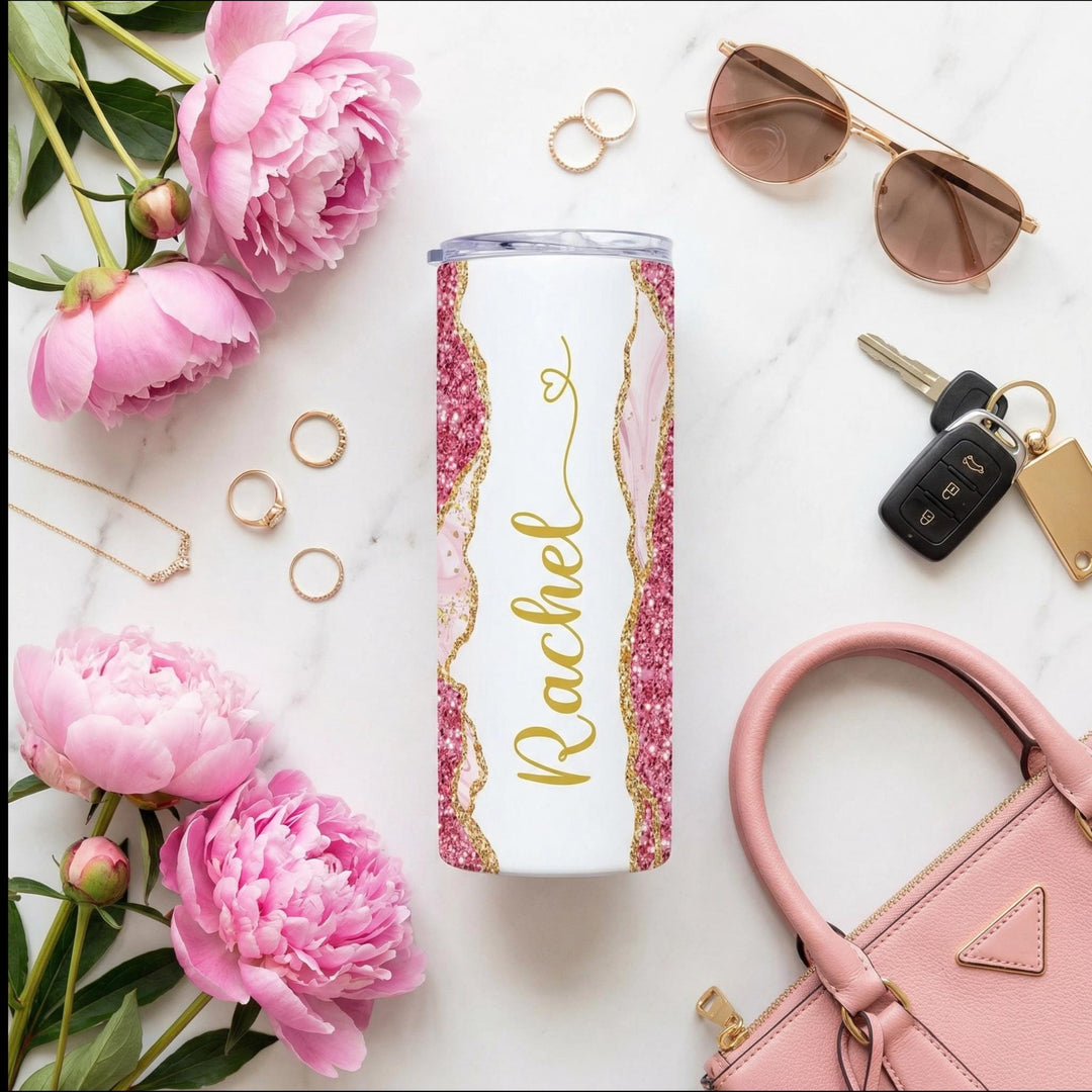 Pink Glitter Marble Personalized Name Tumbler with Gold Accents | 20oz Skinny Stainless Steel Travel Cup