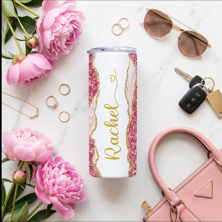 Pink Glitter Marble Personalized Name Tumbler with Gold Accents | 20oz Skinny Stainless Steel Travel Cup