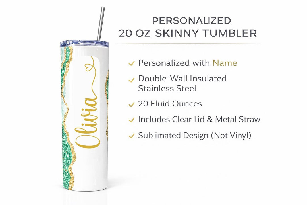 Green Glitter Marble Personalized Name Tumbler with Gold Accents | 20oz Skinny Stainless Steel Travel Cup