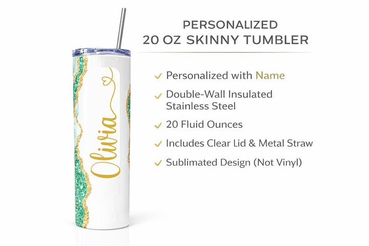 Green Glitter Marble Personalized Name Tumbler with Gold Accents | 20oz Skinny Stainless Steel Travel Cup