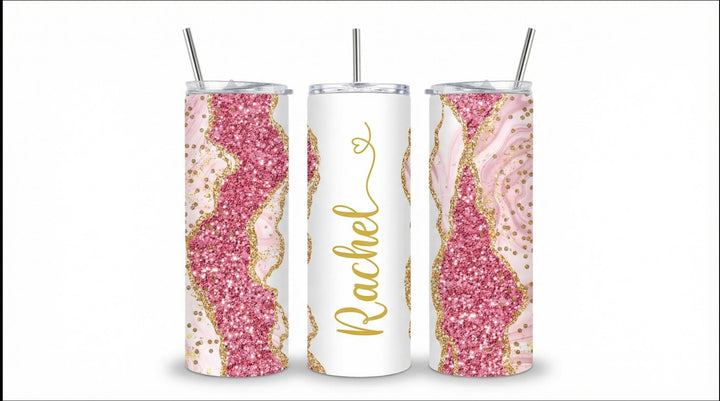 Pink Glitter Marble Personalized Name Tumbler with Gold Accents | 20oz Skinny Stainless Steel Travel Cup