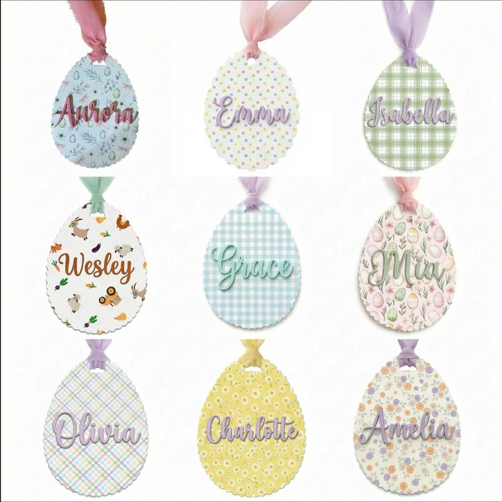 Scalloped Egg Name Tag with Custom Background & Chiffon Ribbon