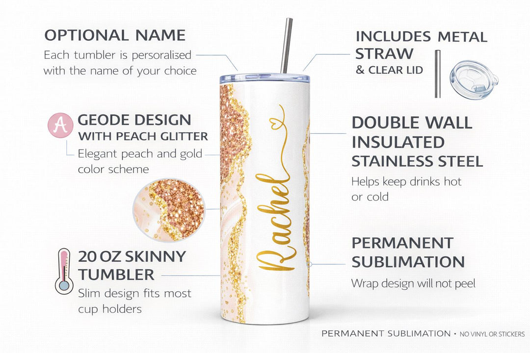 Peach Glitter Marble Personalized Name Tumbler with Gold Accents | 20oz Skinny Stainless Steel Travel Cup
