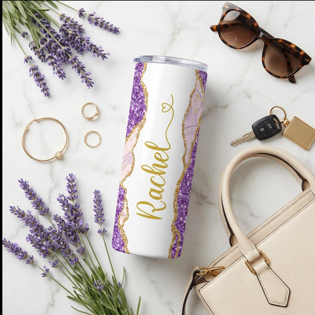 Purple Glitter Marble Personalized Name Tumbler with Gold Accents | 20oz Skinny Stainless Steel Travel Cup