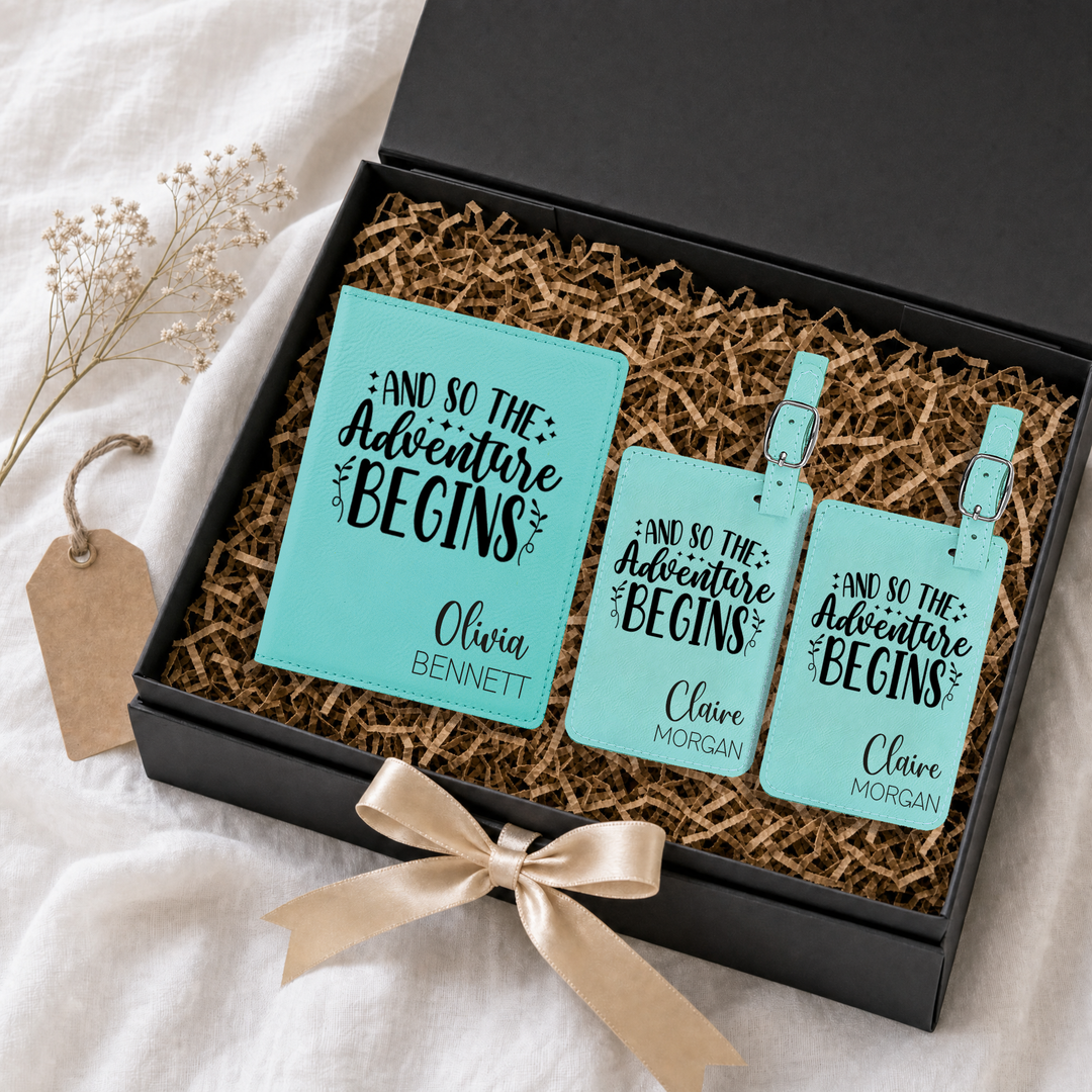 Personalized "And So The Adventure Begins" Passport Cover & Luggage Tag Set | Custom Travel Gift