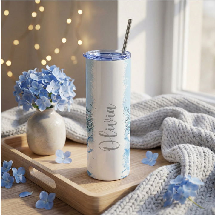 Personalized Blue Floral Tumbler – Custom Name 20 oz Skinny Tumbler