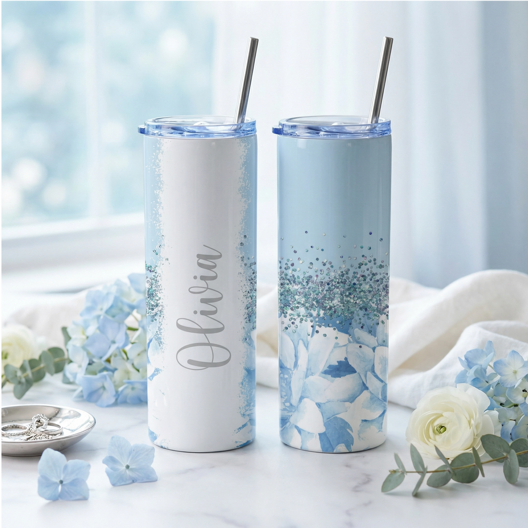Personalized Blue Floral Tumbler – Custom Name 20 oz Skinny Tumbler
