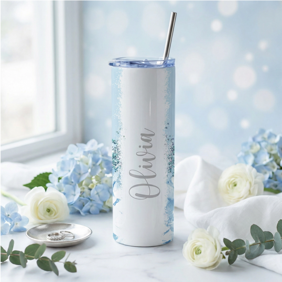 Personalized Blue Floral Tumbler – Custom Name 20 oz Skinny Tumbler