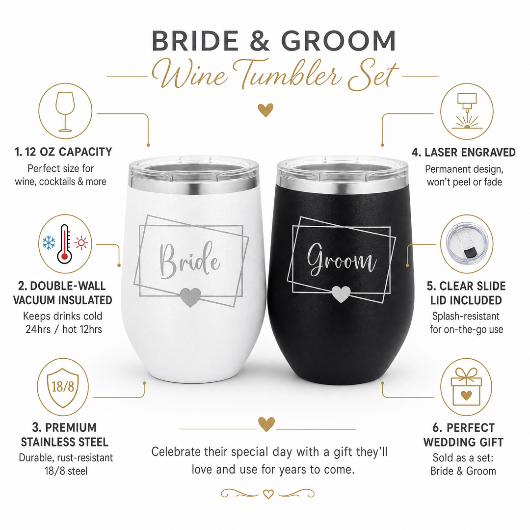 Personalized Bride & Groom Engraved Stemless Wine Tumbler Set | Custom Wedding Gift for Couples