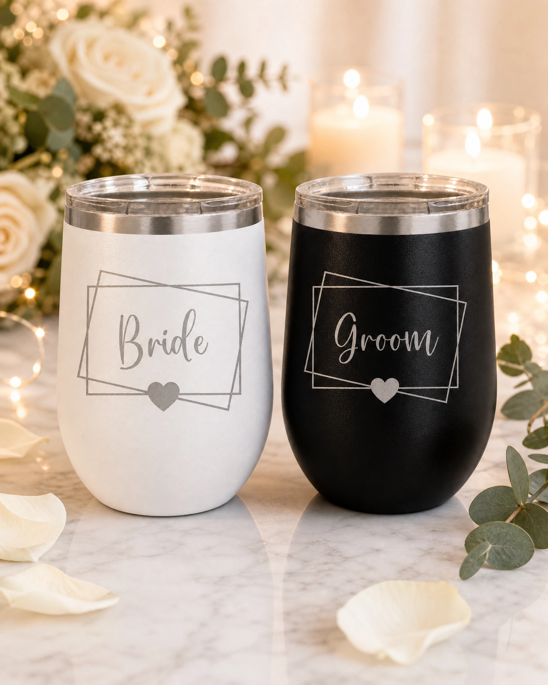 Personalized Bride & Groom Engraved Stemless Wine Tumbler Set | Custom Wedding Gift for Couples