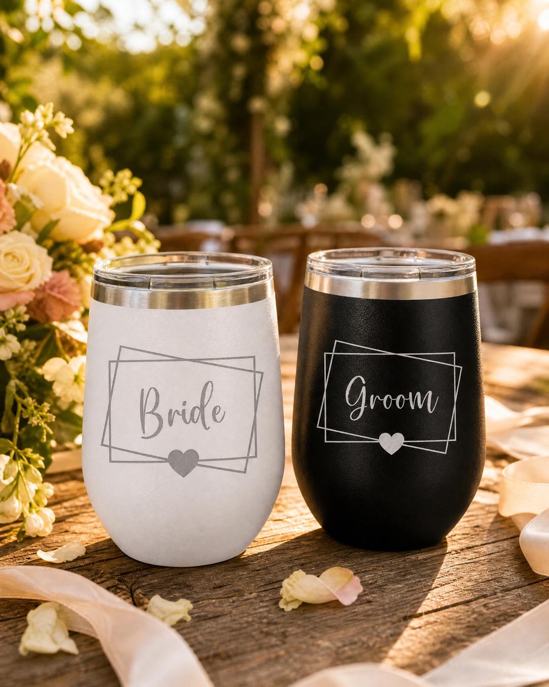 Personalized Bride & Groom Engraved Stemless Wine Tumbler Set | Custom Wedding Gift for Couples