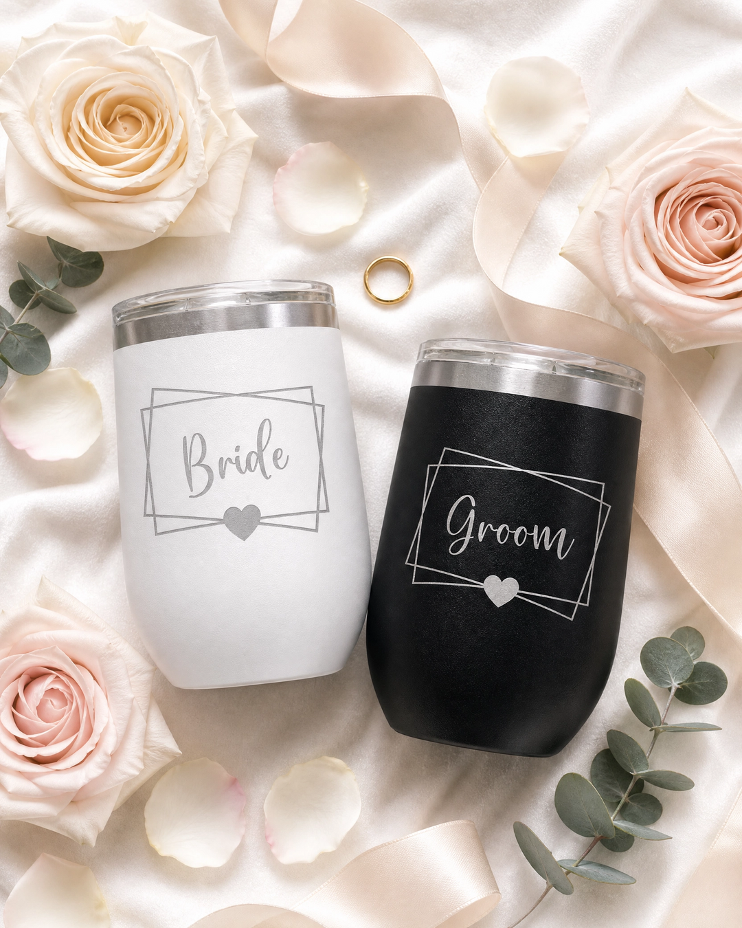 Personalized Bride & Groom Engraved Stemless Wine Tumbler Set | Custom Wedding Gift for Couples