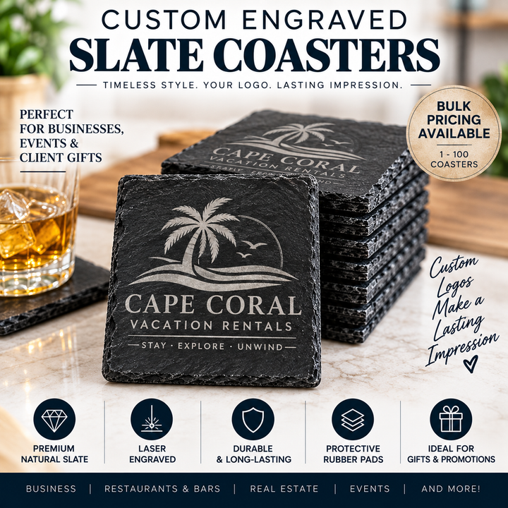 Custom Logo Slate Coasters | Laser Engraved Personalized Coasters