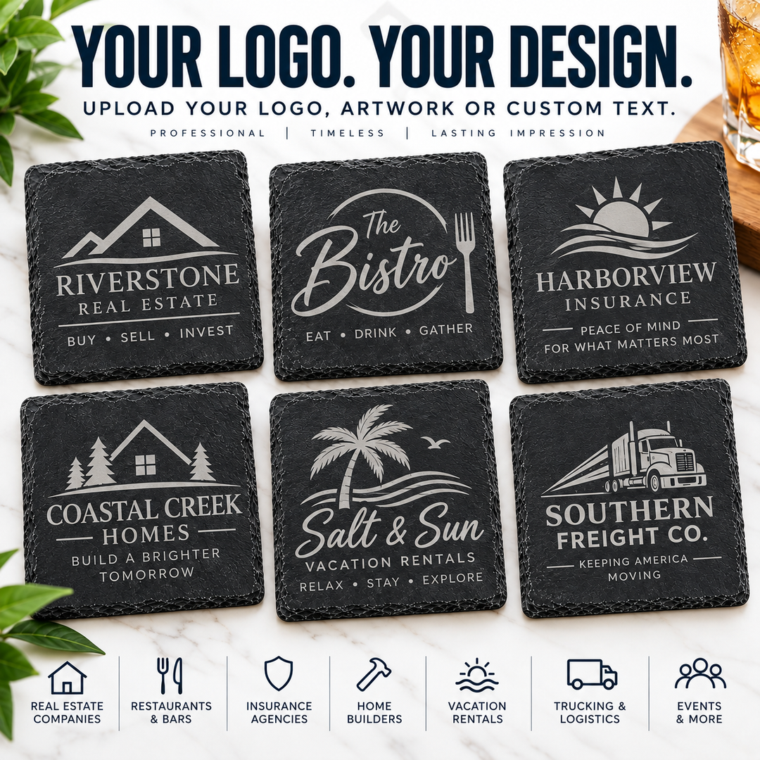 Custom Logo Slate Coasters | Laser Engraved Personalized Coasters