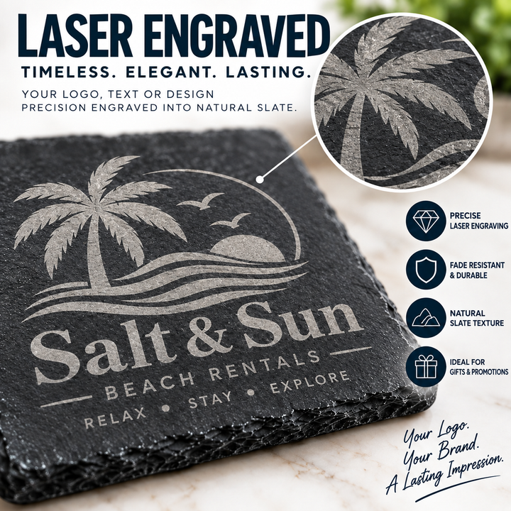 Custom Logo Slate Coasters | Laser Engraved Personalized Coasters