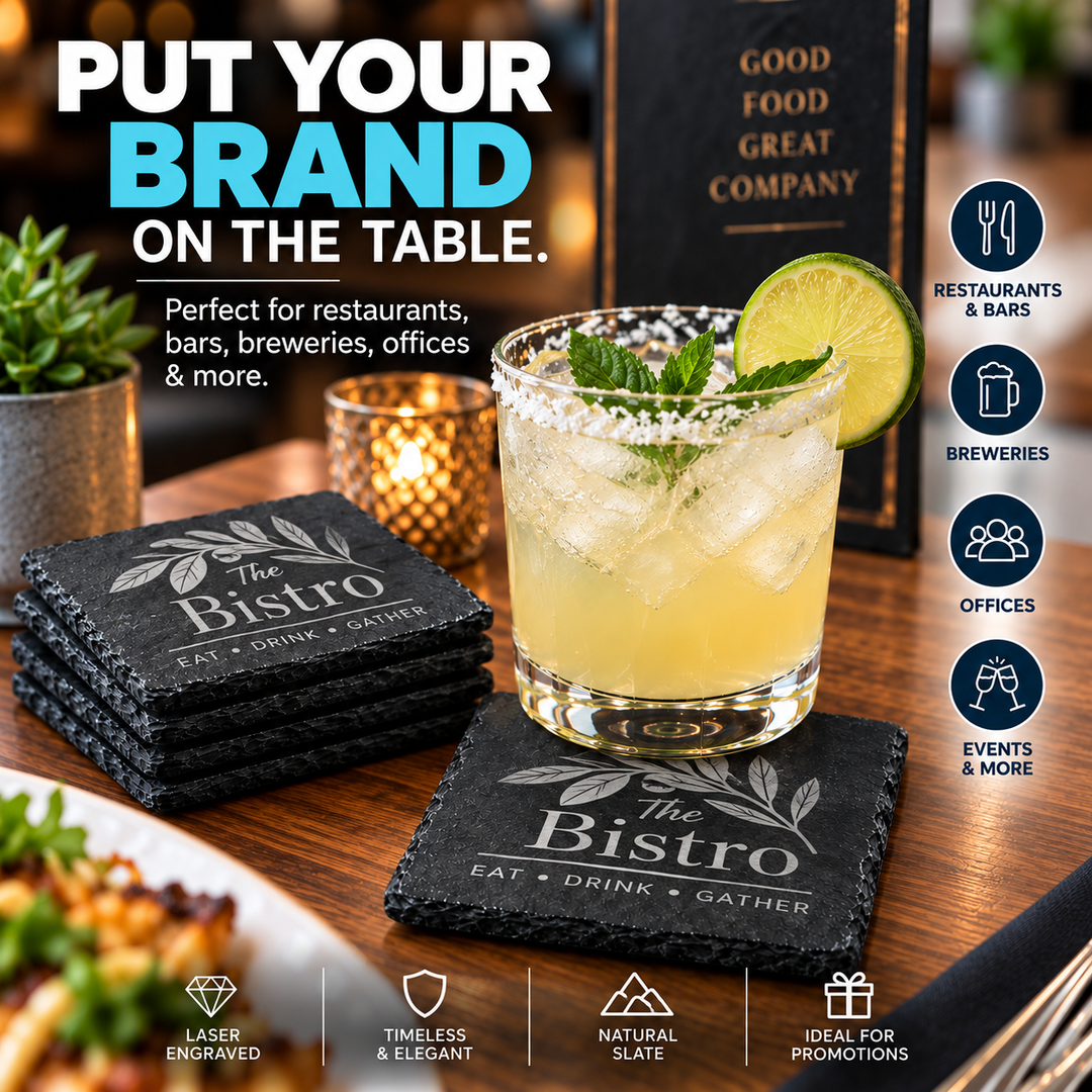 Custom Logo Slate Coasters | Laser Engraved Personalized Coasters