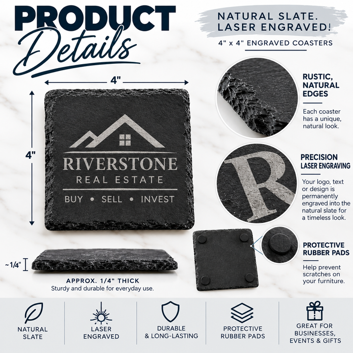 Custom Logo Slate Coasters | Laser Engraved Personalized Coasters