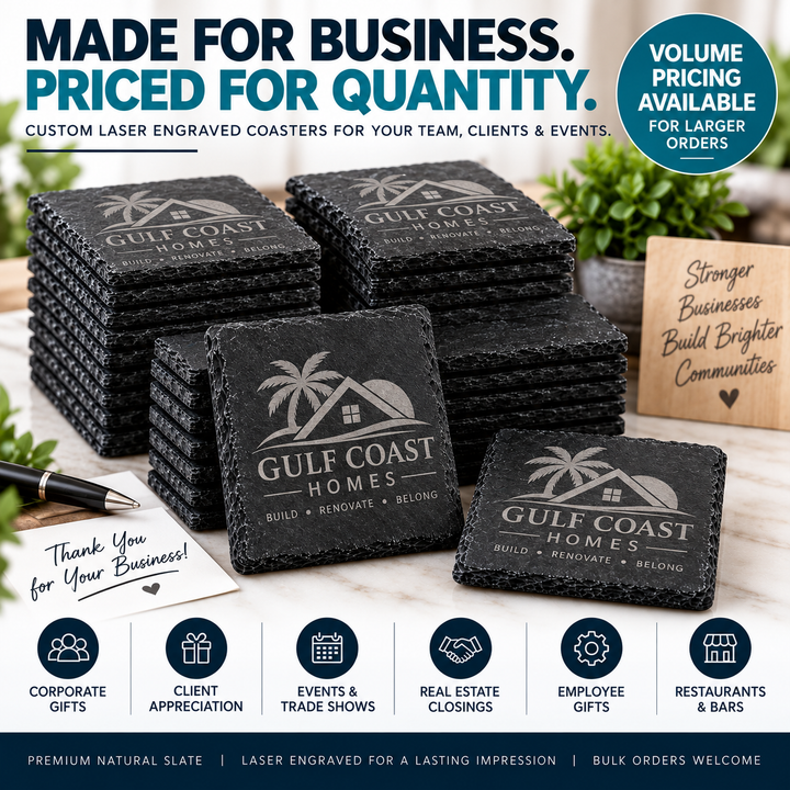 Custom Logo Slate Coasters | Laser Engraved Personalized Coasters