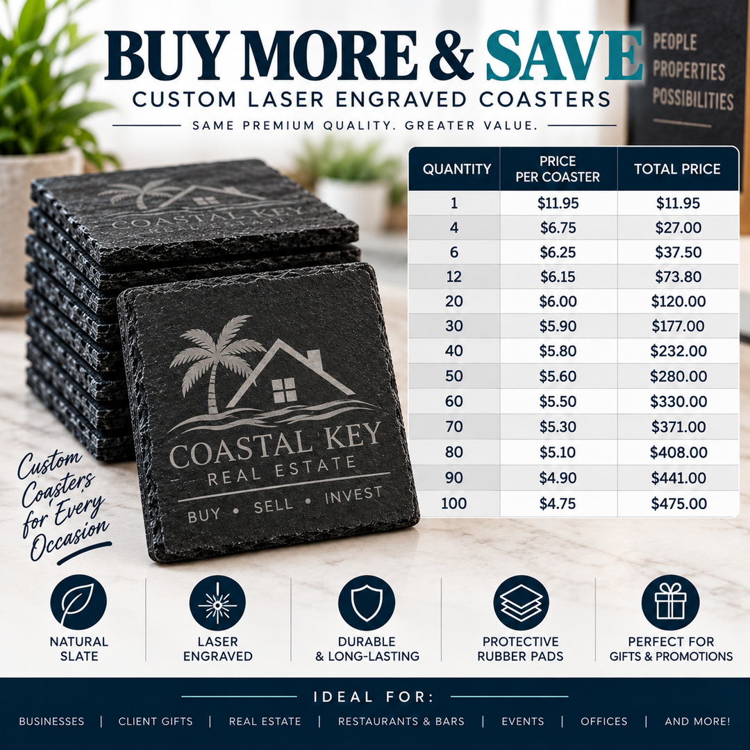 Custom Logo Slate Coasters | Laser Engraved Personalized Coasters