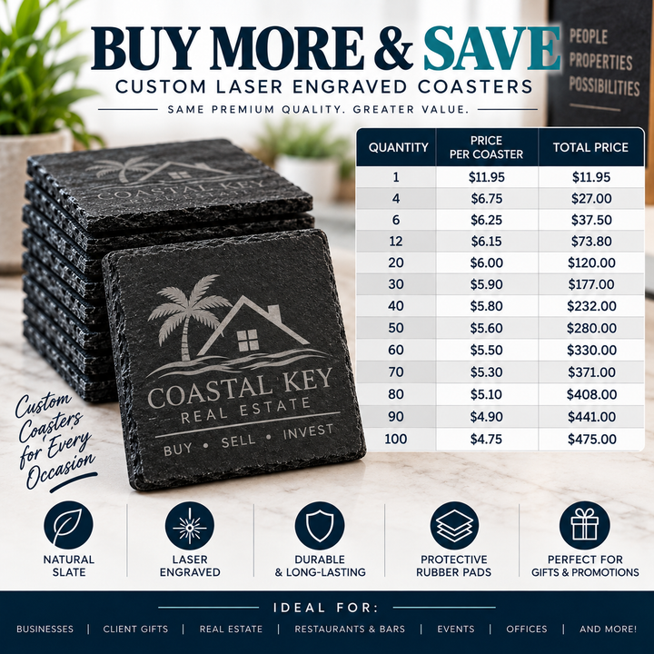 Custom Logo Slate Coasters | Laser Engraved Personalized Coasters
