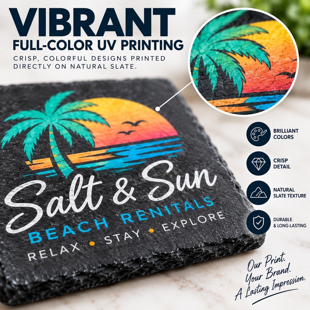 Custom Logo Slate Coasters | Full-Color UV Printed Personalized Coasters